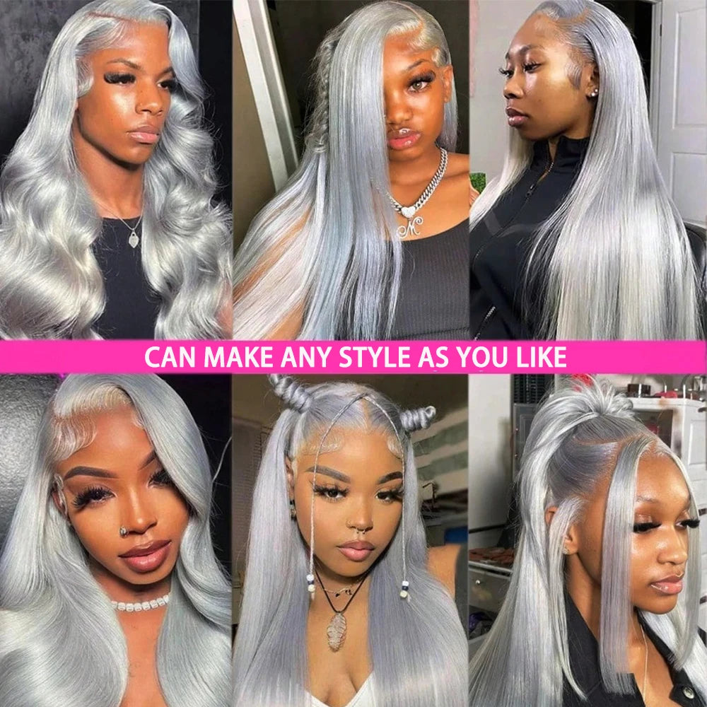 Silver Grey 13x6 Lace Front Human Hair Wigs Colored HD Frontal Straight