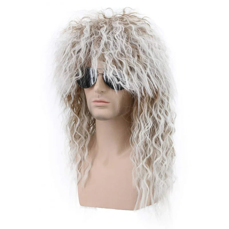 Long Curly Brown Gradient White Synthetic Wig 70s 80s Rocker Mullet Party
