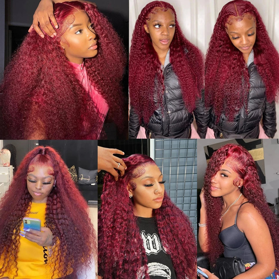 Deep Wave Burgundy, 13x6 HD Lace Frontal Curly Human Hair Wigs Red