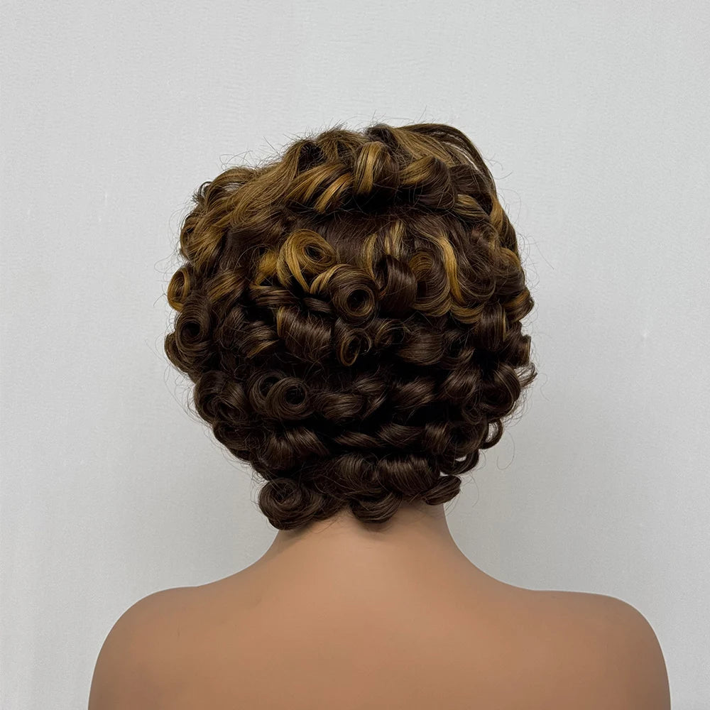 4x4 Lace Closure Wig Short Bouncy Texture Pixie Hair Real Human, 200%