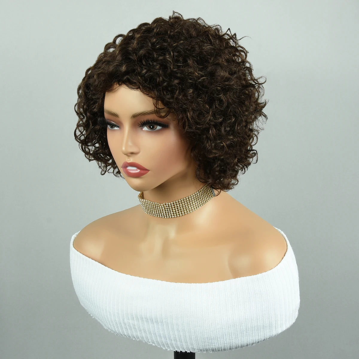 Brown Curly Pixie Cut Wigs Part Lace Human Hair Jerry Closure 8Inch