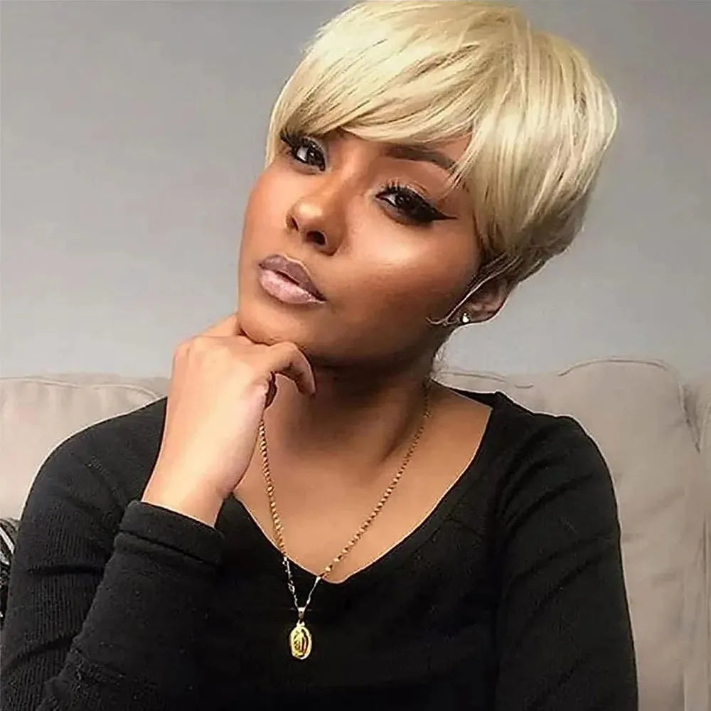 613 Blonde Short Pixie Cut Wig Human Hair Brazilian, 100% Full Machine
