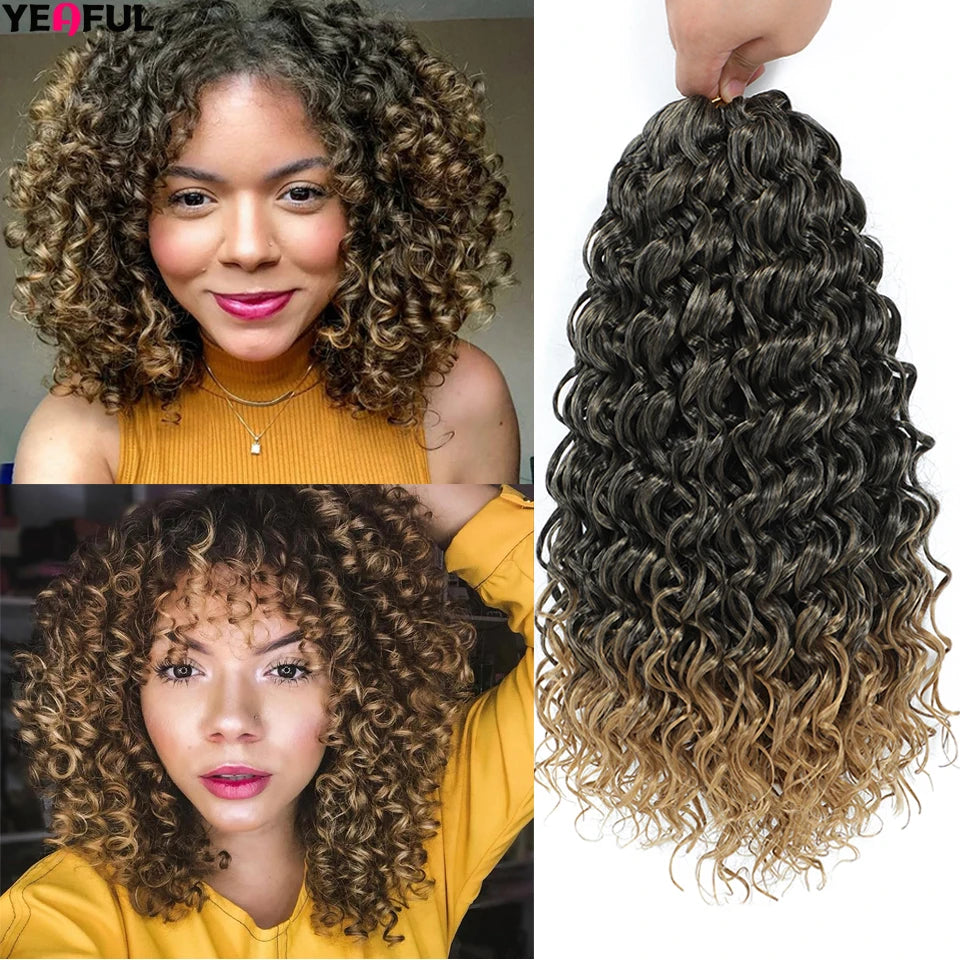 Curl Crochet Hair 14inch 1-8 Packs Ombre Brown Water Wave Curly Braiding