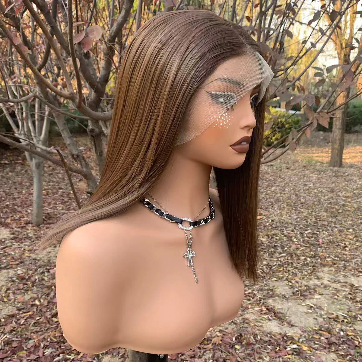 Light Brown Bob Wig, 13x4 Glueless Synthetic Lace Front 150%Density 14inch Short