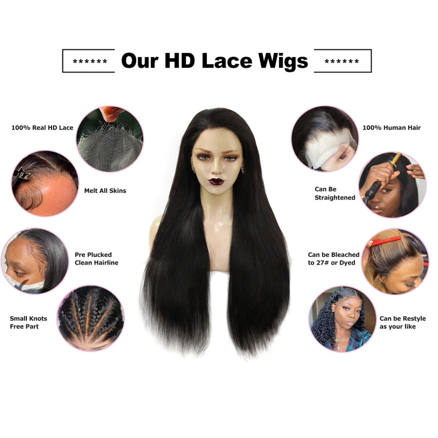 Straight Human Hair 13x6 HD Lace Frontal Wig, 250% Density, Melt Skin