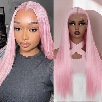 Pink Straight Synthetic Lace Hair Middle Part Wig Natural Hairline Heat Fiber