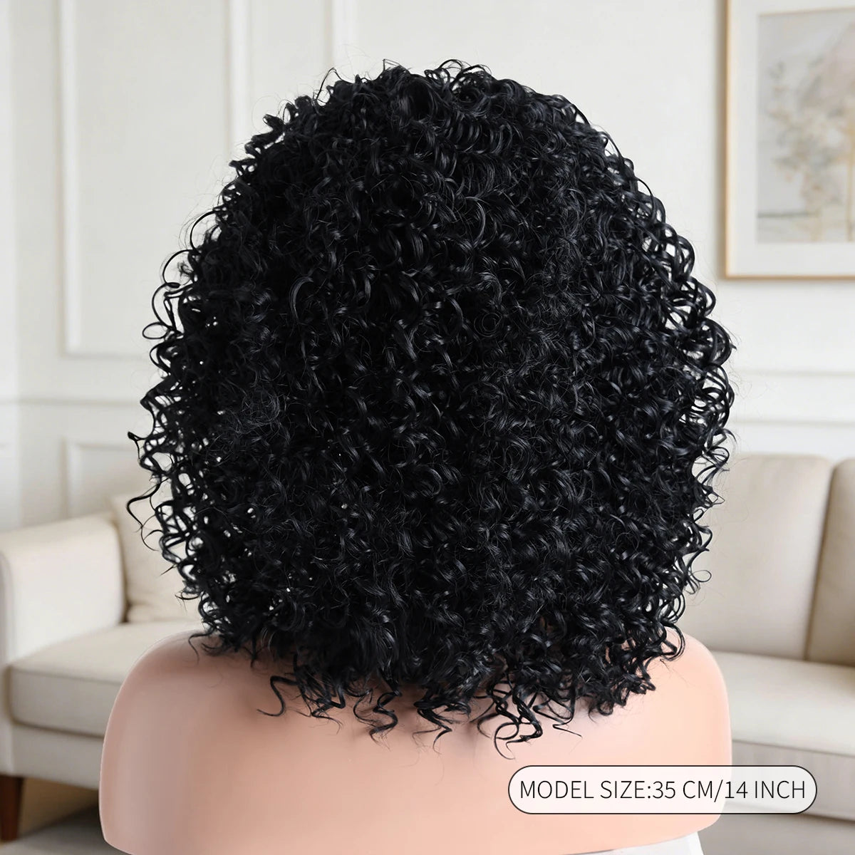 14 Inch Short Straight Headband Synthetic Natural Curly Black Wig, Suitable 's Daily Party Use with Heat-Resistan