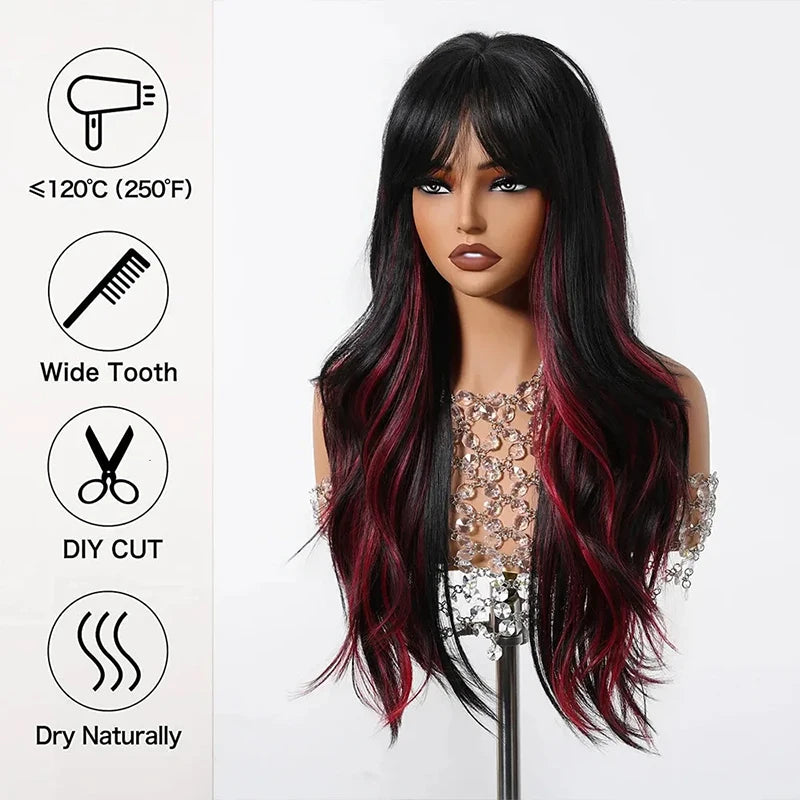 Long Wavy Black Blend Red Wig Bangs Highlight Synthetic Punk Costume Cosplay