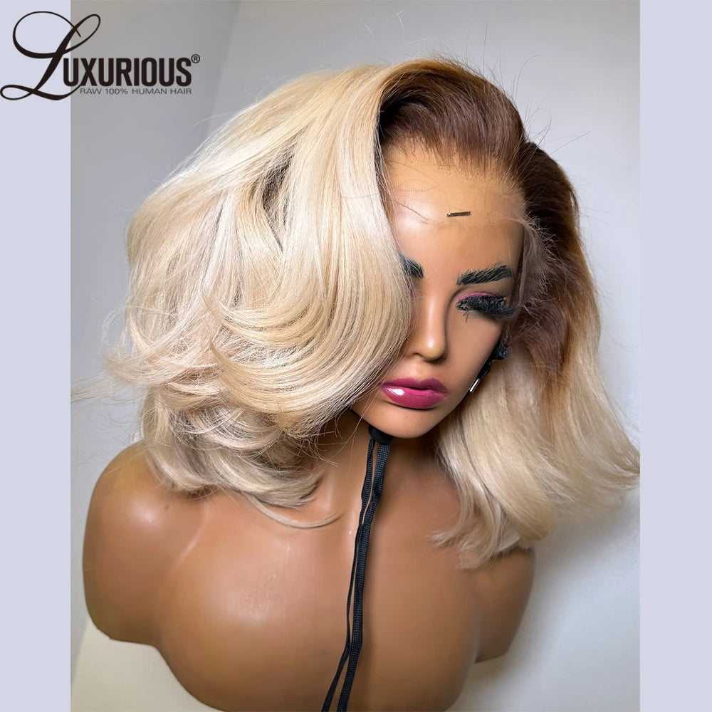 Ombre Honey Blonde Short Bob Human Hair Lace Wig, 13x6 and 13x4