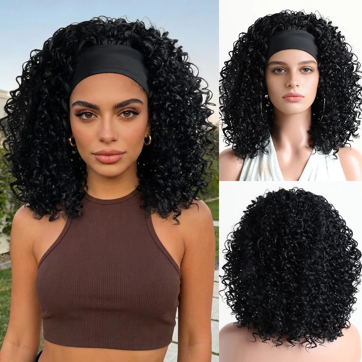 14 Inch Short Straight Headband Synthetic Natural Curly Black Wig, Suitable 's Daily Party Use with Heat-Resistan