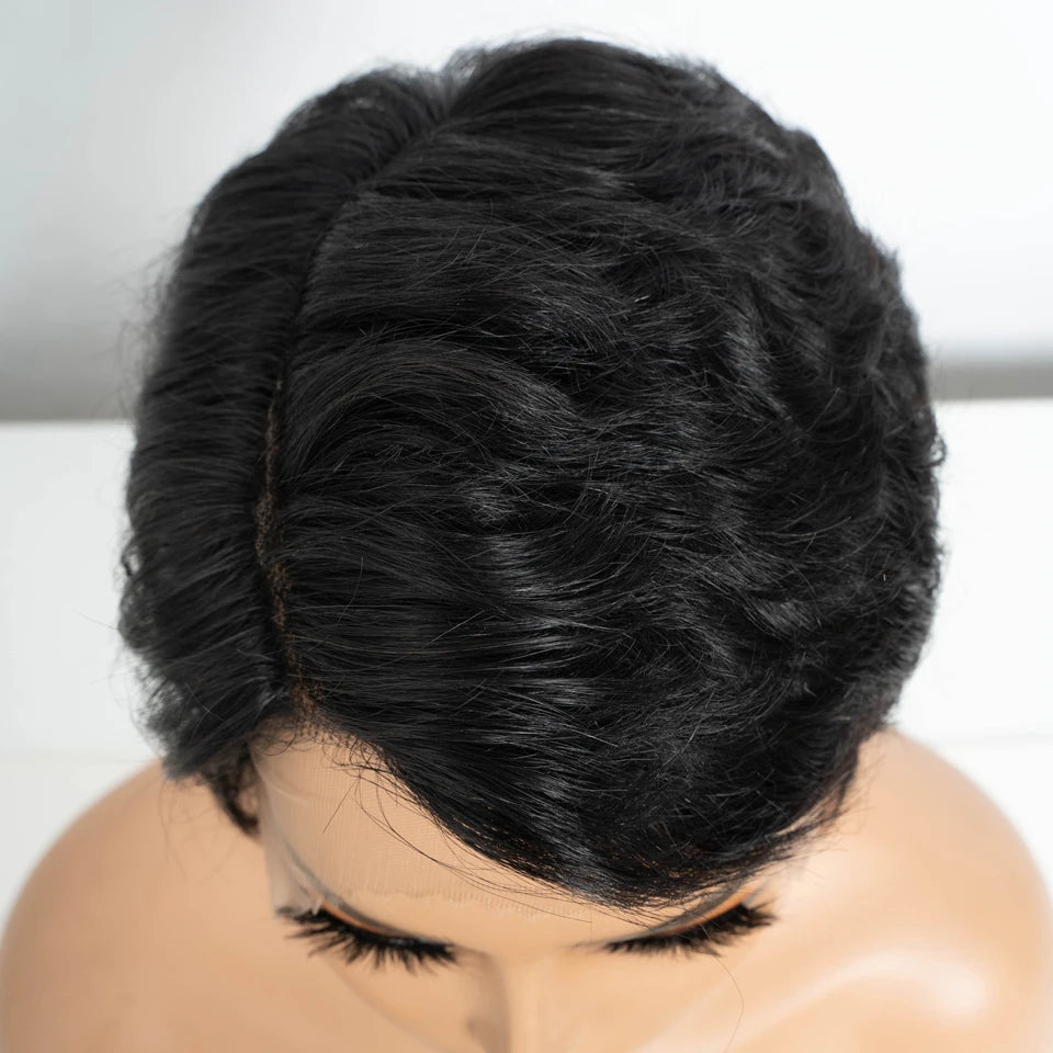 Black Short Pixie Cut, 13x1 C Part Lace Front 100% Human Hair