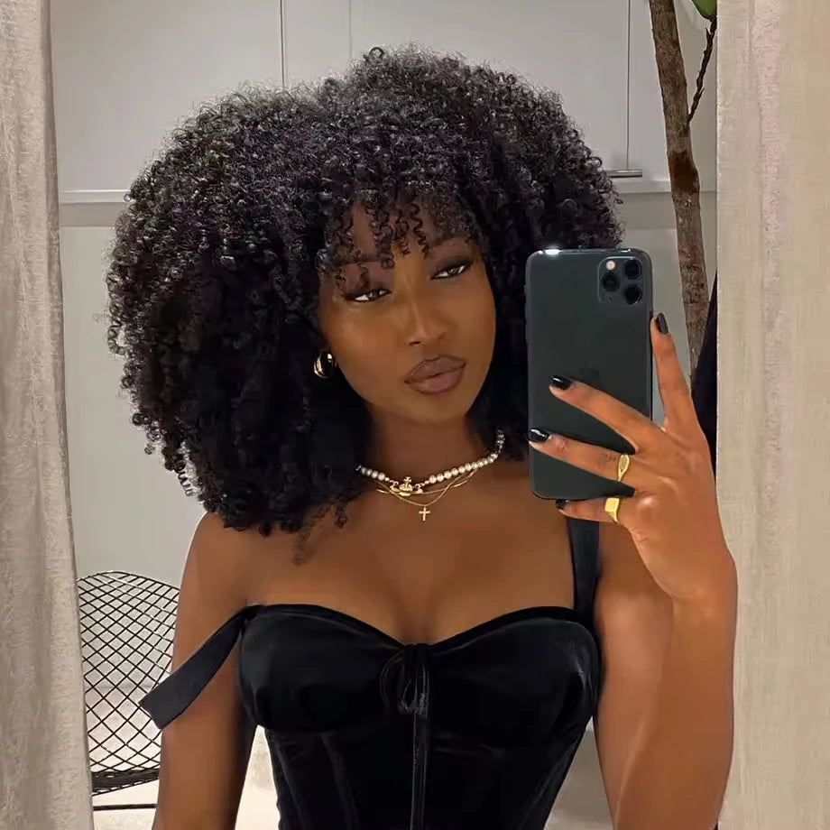 Mongolian Curly Afro Kinky Human Hair Wigs Bangs Without Glue Bouncy Density