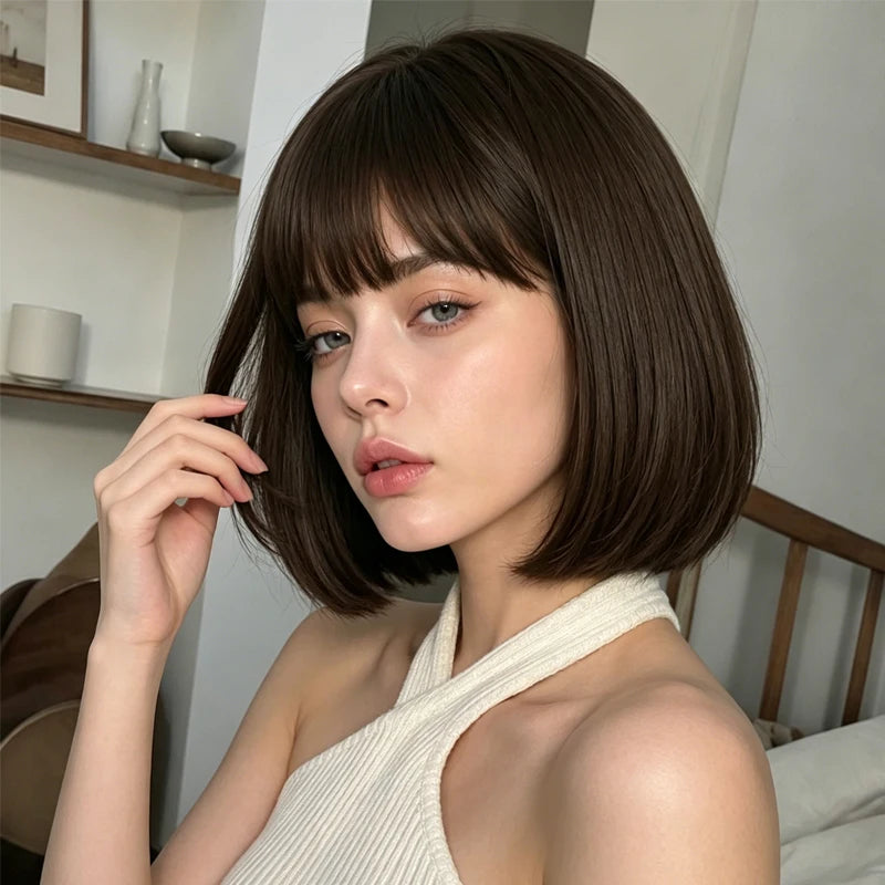 Dark Brown Bob Wig With Straight Bangs, Synthetic Short Hair, 12-Inch