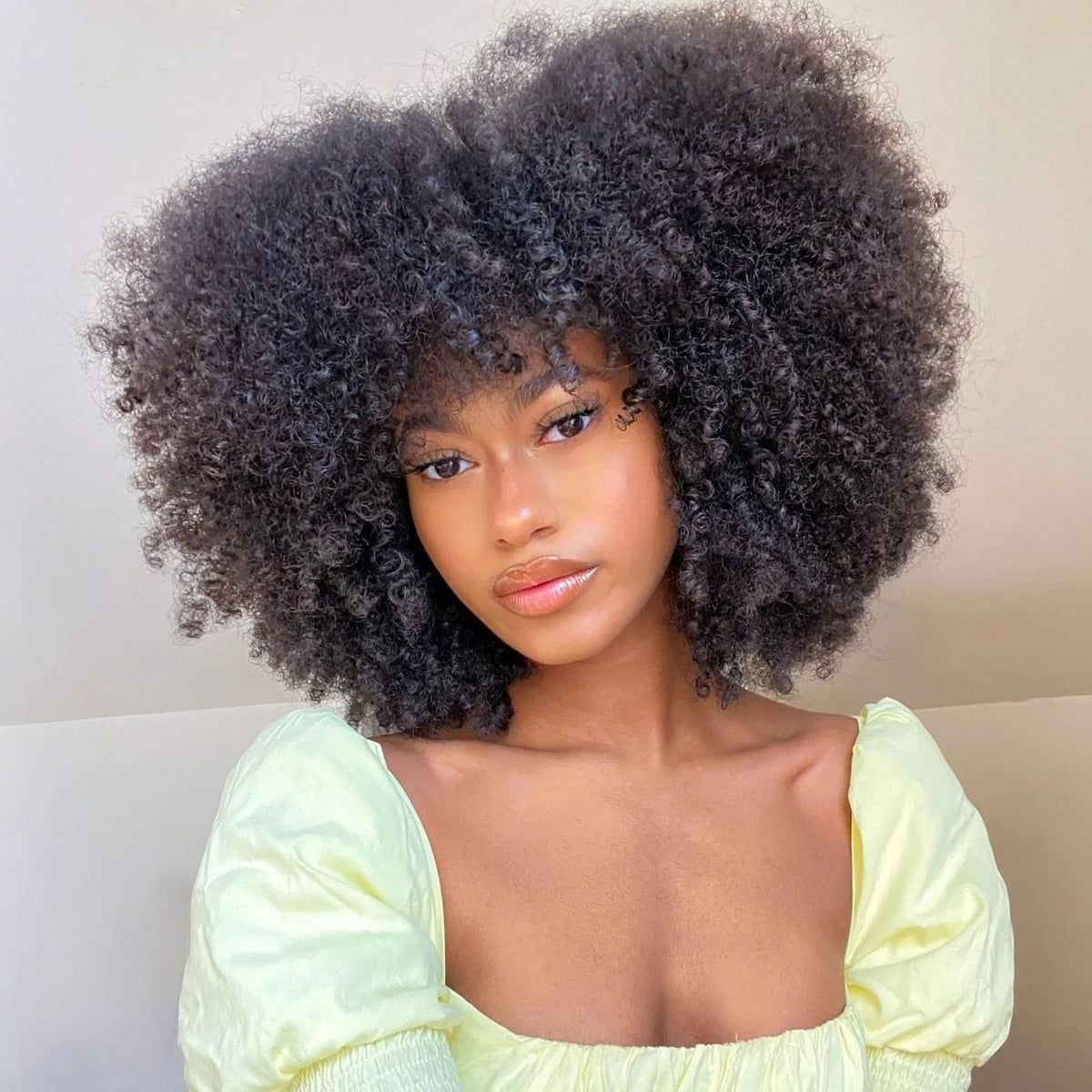 Mongolian Curly Afro Kinky Human Hair Wigs Bangs Without Glue Bouncy Density
