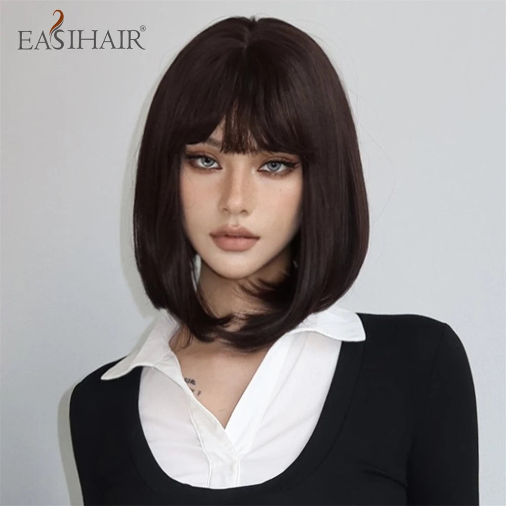 Short Straight Synthetic Wigs Bangs Dark Brown Black Bob Daily Cosplay Party