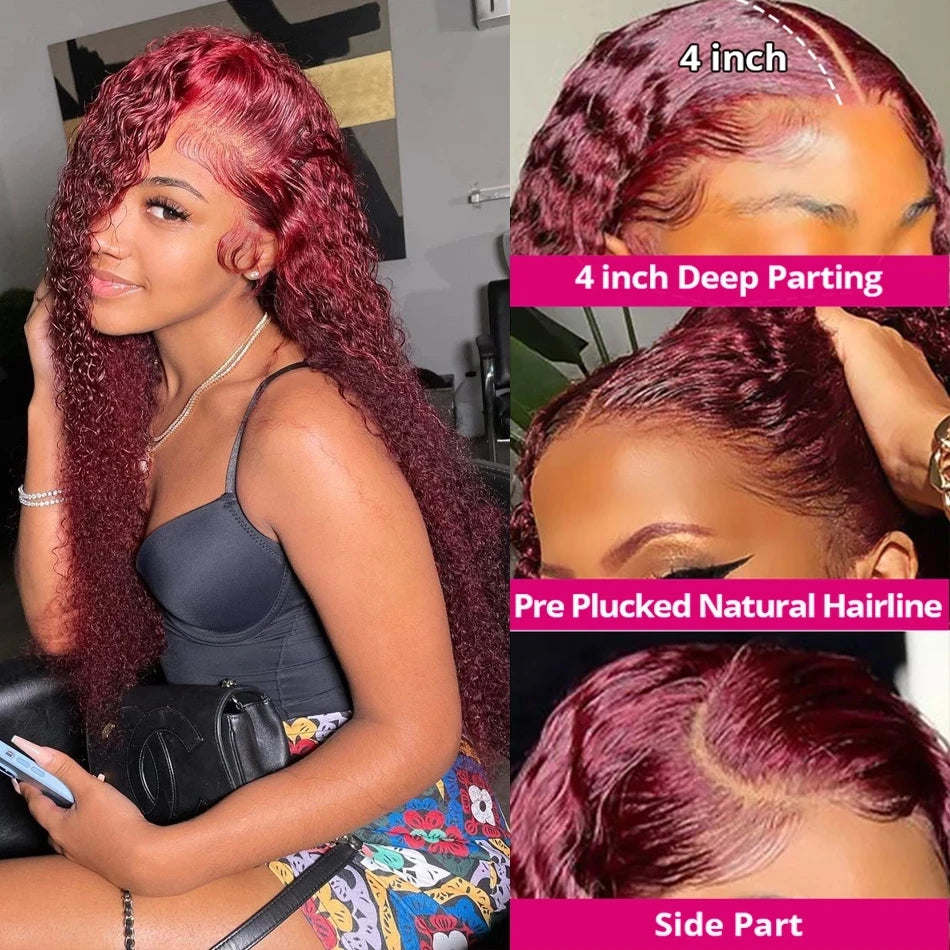 Deep Wave Burgundy, 13x6 HD Lace Frontal Curly Human Hair Wigs Red