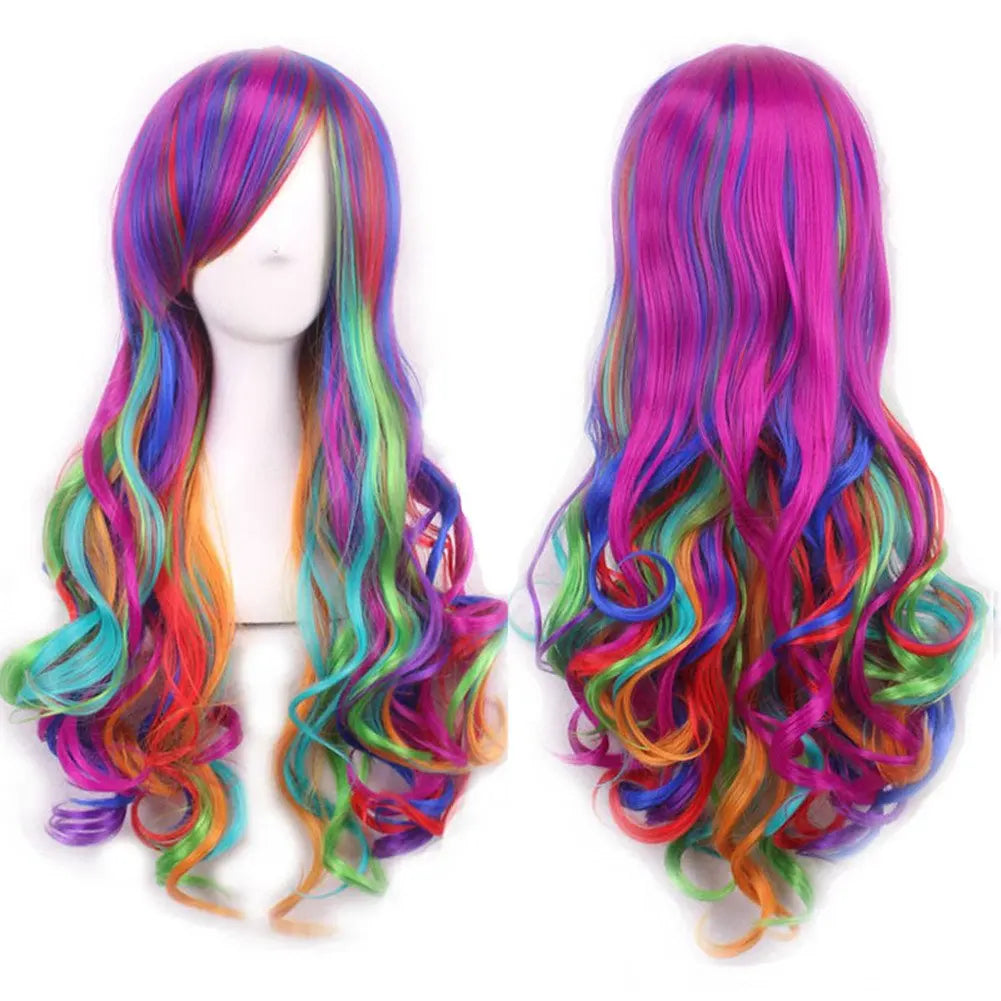 Synthetic Hair Ombre Rainbow Cosplay Wig with Bangs Red Yellow Purple Green Blue Wigs