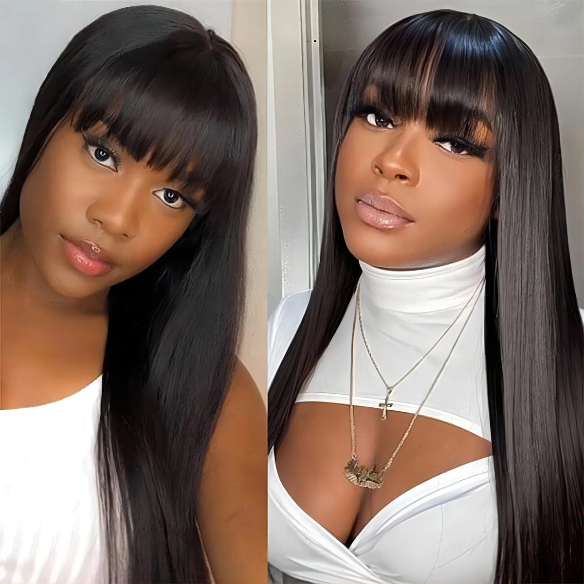 Peruvian Straight Full Machine Made Wig Bang, 180% Natural Human Hair Pre-plucked