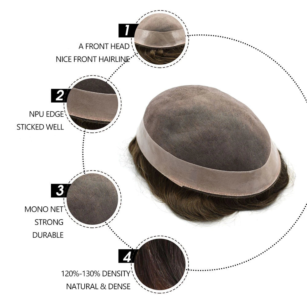 Wig Human Hair Toupee Fine Mono, 130% Density Durable Prosthesis 6" Replacement