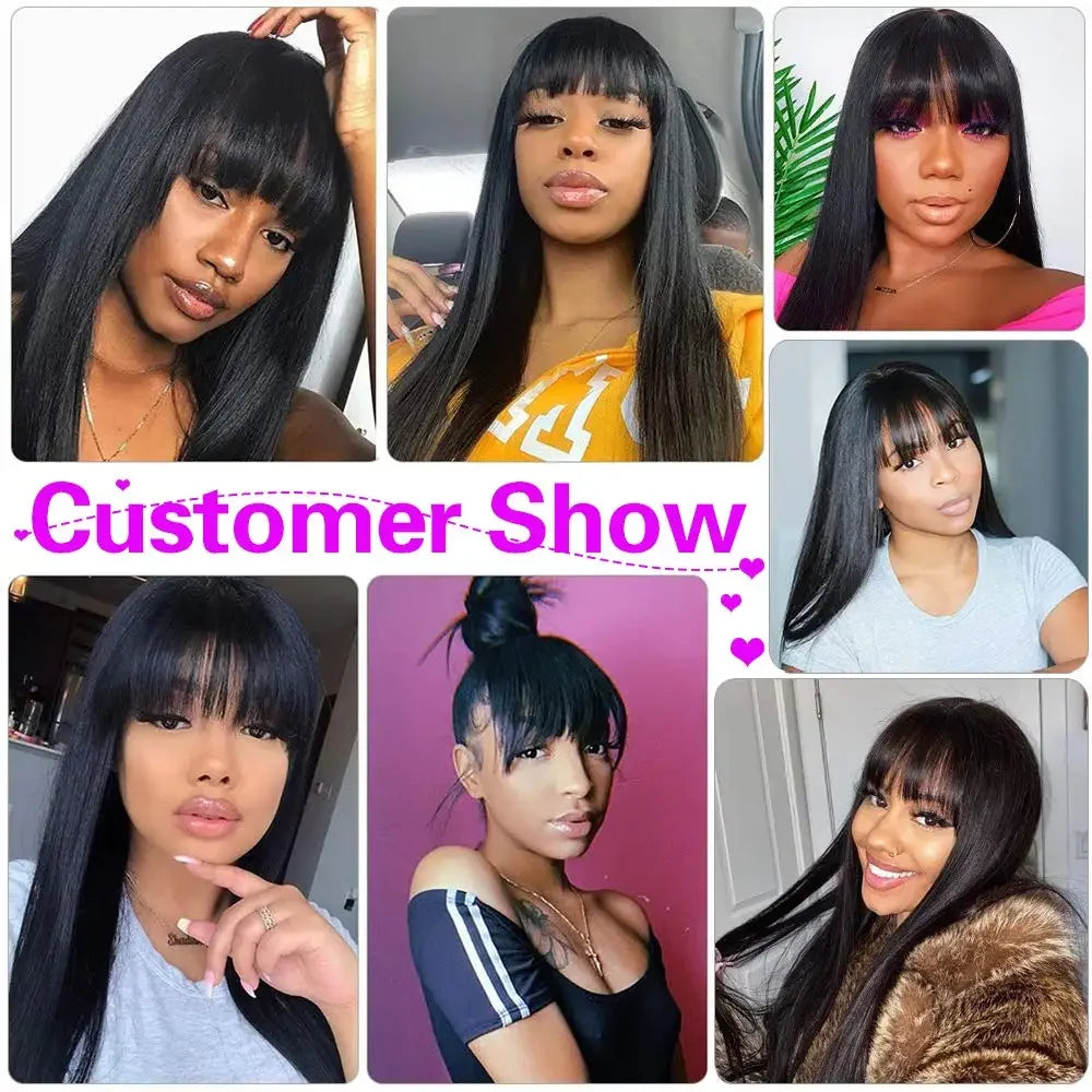 Peruvian Straight Full Machine Made Wig Bang, 180% Natural Human Hair Pre-plucked