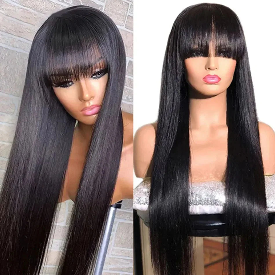 Natural Black Bone Straight Human Hair Wig Bangs 30Inch Glueless Brazilian, 3x1
