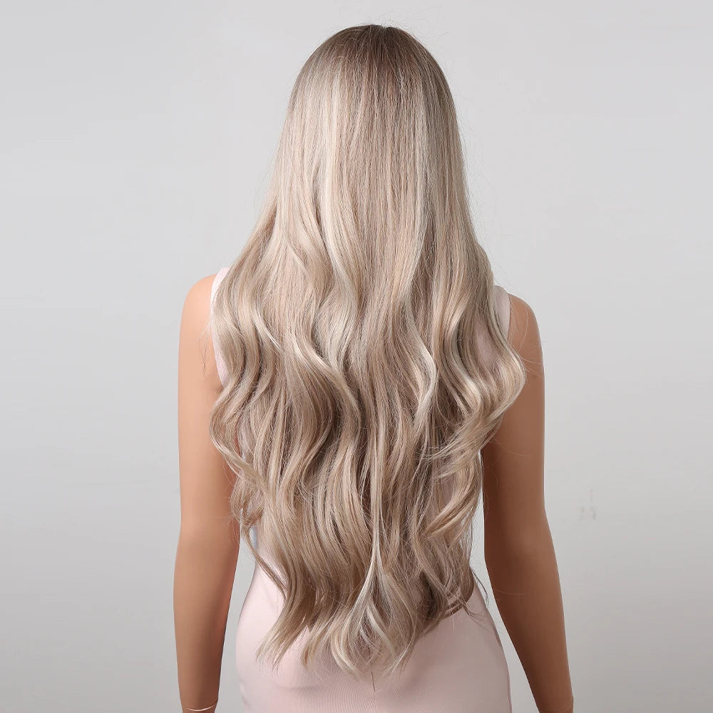 Platinum Blonde White Highlight Dark Roots Synthetic Hair Wigs Long Wavy Cosplay