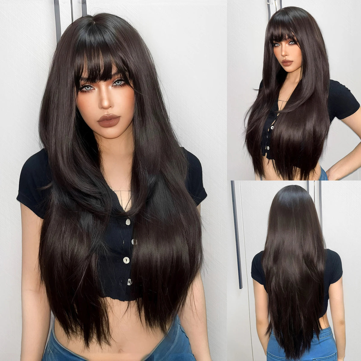 Black Highlight Pink Synthetic Wig Bangs Long Straight Red Cosplay Party Christmas