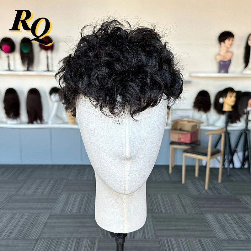 Curly Human Hair Toupee for Men — Pre-Cut Styled, Lace Base