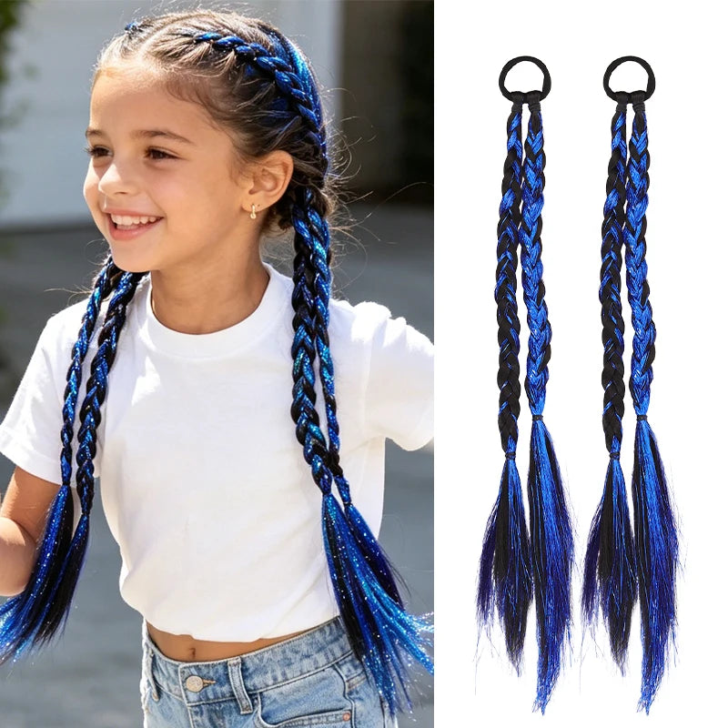 Trendy Pair Pack Synthetic Fiber Laser Highlights Braided Ponytail Wig Girls Streetwear