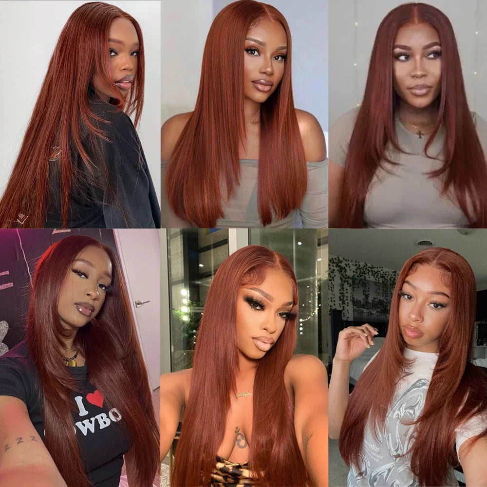 Copper Red Layered Cut Lace Front Wigs Reddish Brown Straight Frontal Glueless