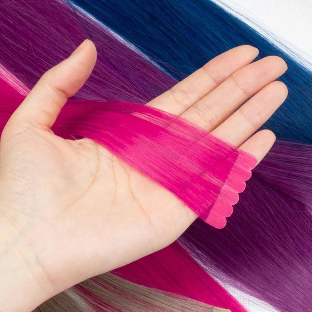 Synthetic Tape in Hair Extensions Straight Mini Ins Invisible Adhesive Colored