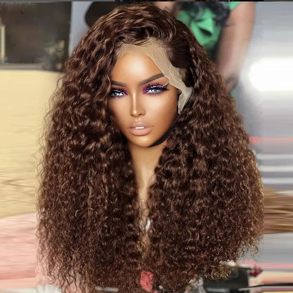 Deep Wave Frontal Wig, 13x4 HD Lace Chocolate Brown Curly Front Human