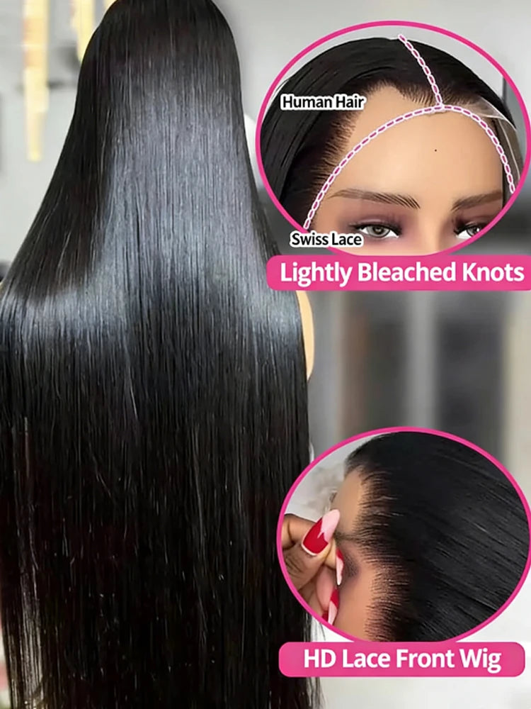 Bone Straight Human Hair Wigs, 13x6 HD Transparent Lace Frontal Glueless Front