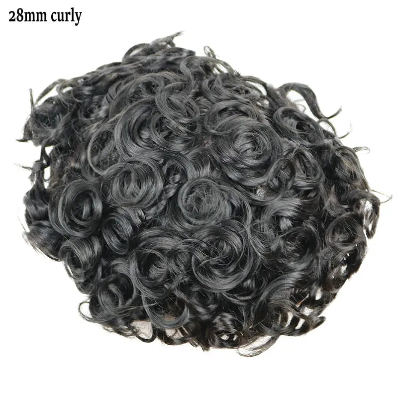 28mm Curly Men's 1B80 Gray Brown Black Human Hair Durable Bond Mono