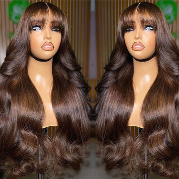Chocolate Brown 13x6 HD Lace Frontal Human Hair Wig Bangs Fringe Body