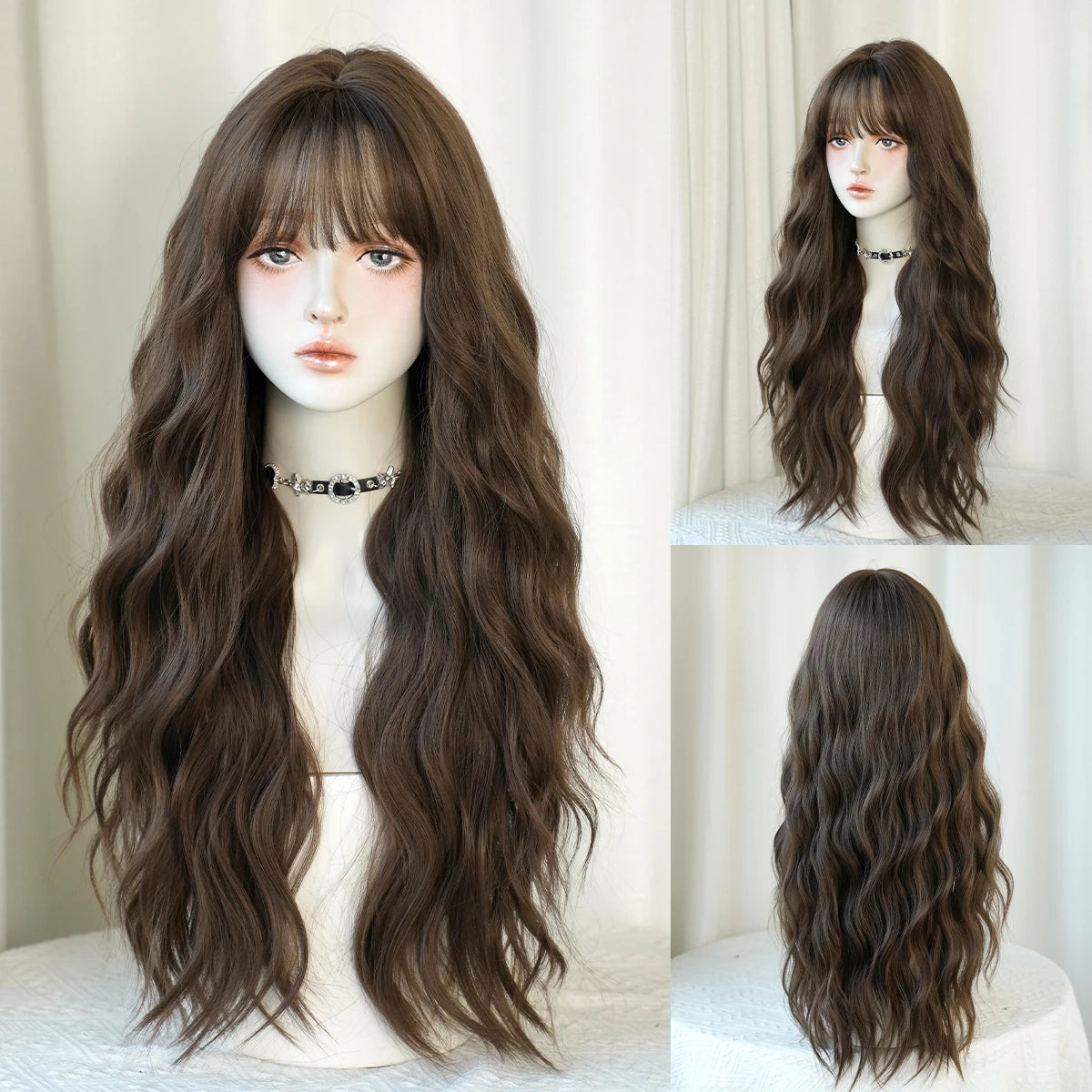 Long Wig Synthetic Wavy Light Brown Wigs Daily Party High Density Layered Wig With Bang