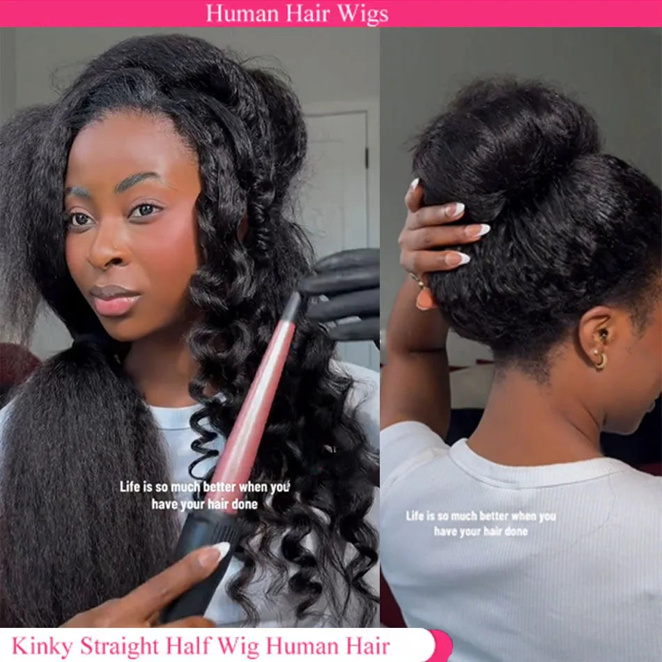 Density Kinky Straight Half Wigs Human Hair Ready To Wear in Drawstring