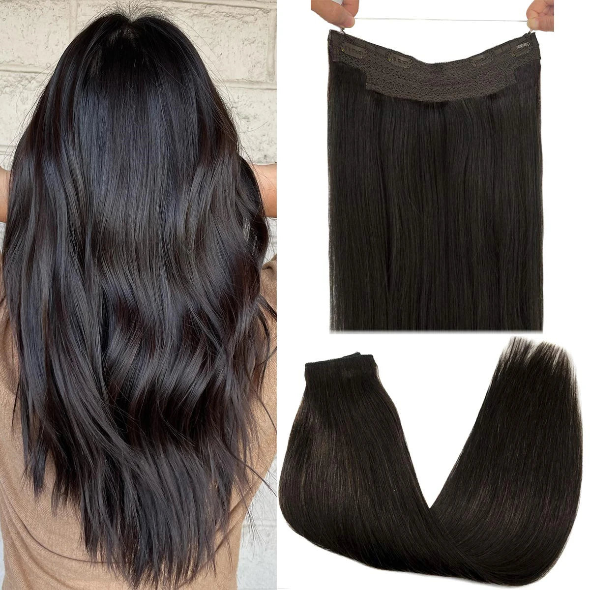 Wire in Hair Extensions Real Human Balayage Dark Brown To Chestnut Invisible