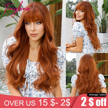 Long Wavy Orange Brown Synthetic Wigs Bangs Copper Ginger Cosplay Afro Body