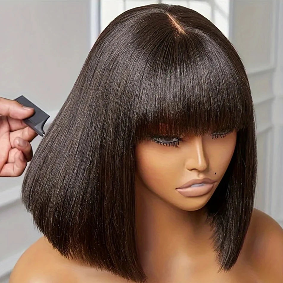 Straight Human Hair Wigs Bangs Fringe, 3x1 Part Lace Bob Realistic Scalp