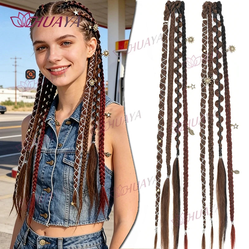 Hand-Braided Synthetic Fiber Water-Drop BB Clip-In Hair Extensions, 2 Pieces Per Set, 20-Inch Bohemian Beaded Braids, Versatile