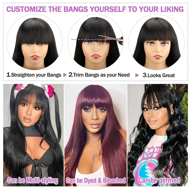 Straight Wigs Bangs Human Hair None Lace Front Brazilian Virgin Glueless Machine