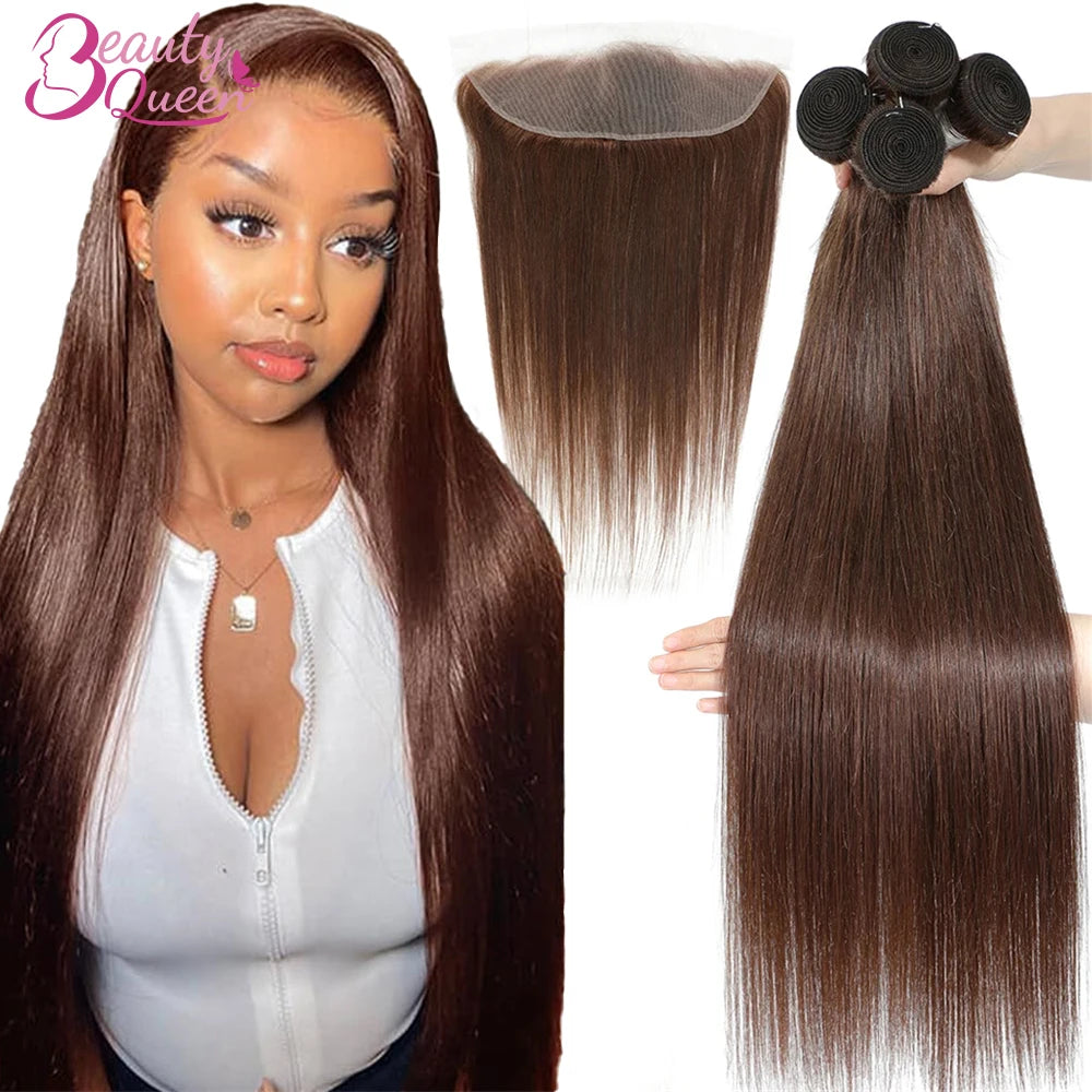 12A Chocolate Brown Straight Human Hair Bundles Closure Frontal Raw Brazilian Tissage