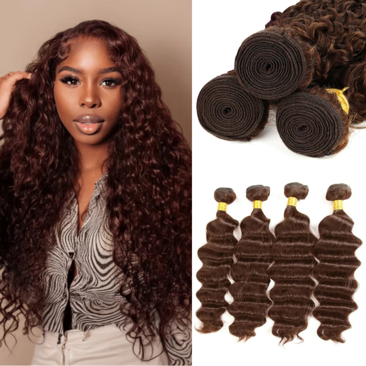 Chocolate Brown Deep Wave Human Hair Bundles Brazilian Extensions Water