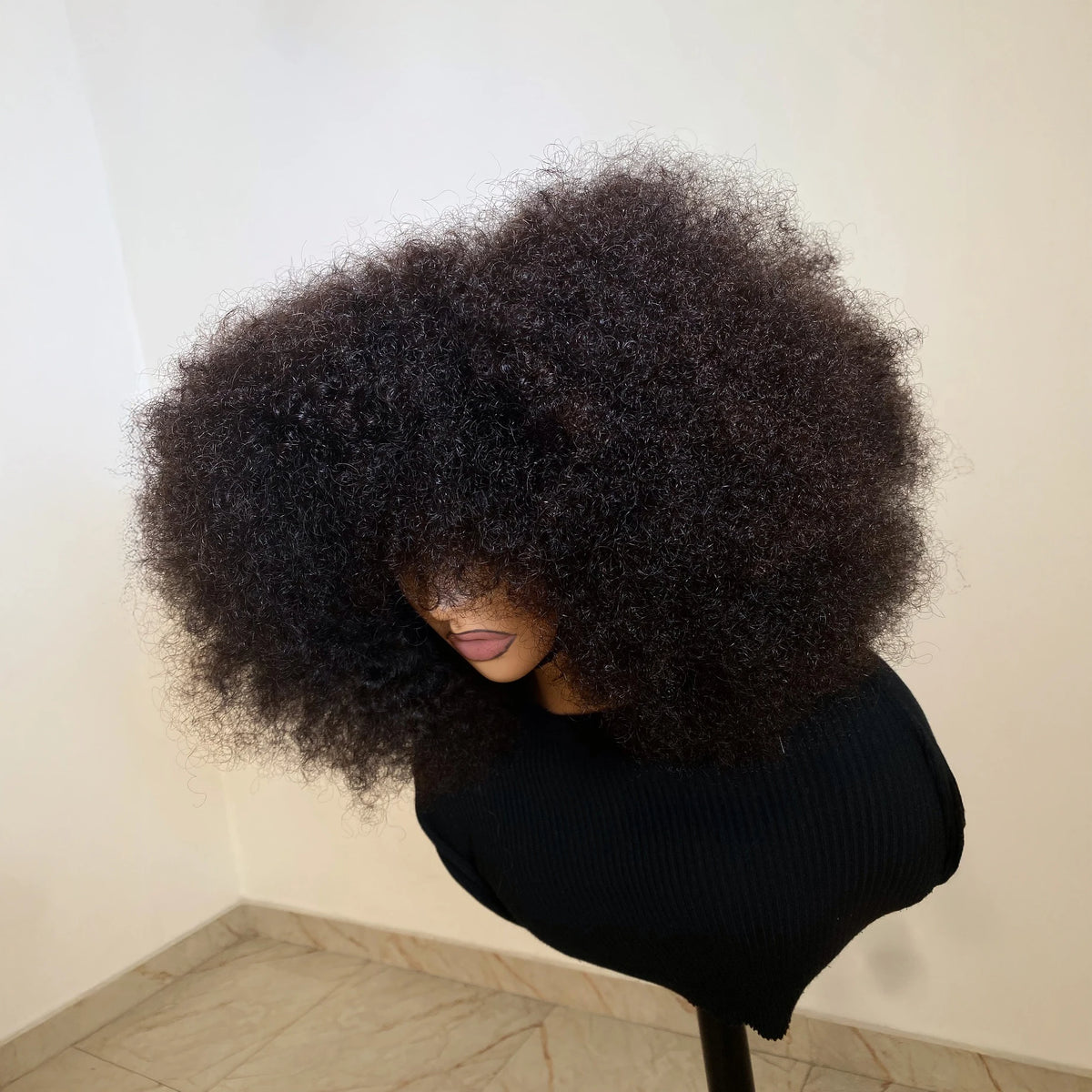 Mongolian Curly Afro Kinky Human Hair Wigs Bangs Without Glue Bouncy Density