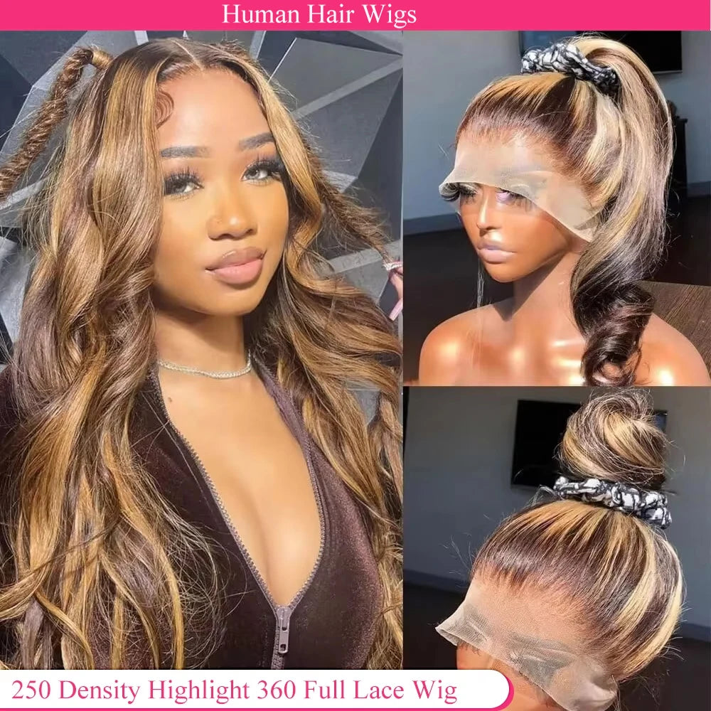 Density Highlight Lace Front Wig Human Hair P4/27 HD, 13x4 Body Wave