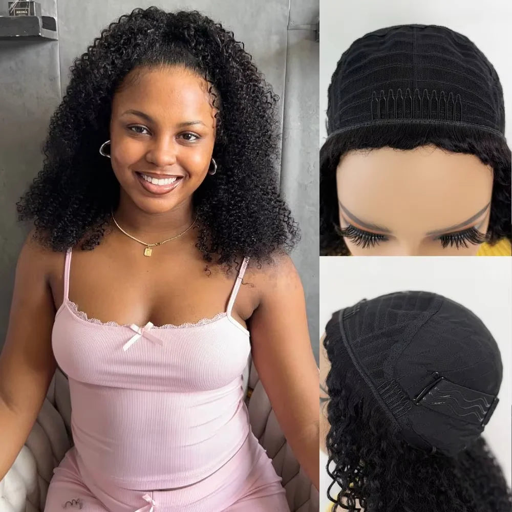 Density Afro Kink Curly Half Wig Human Hair Breathable Machine Made 3In1