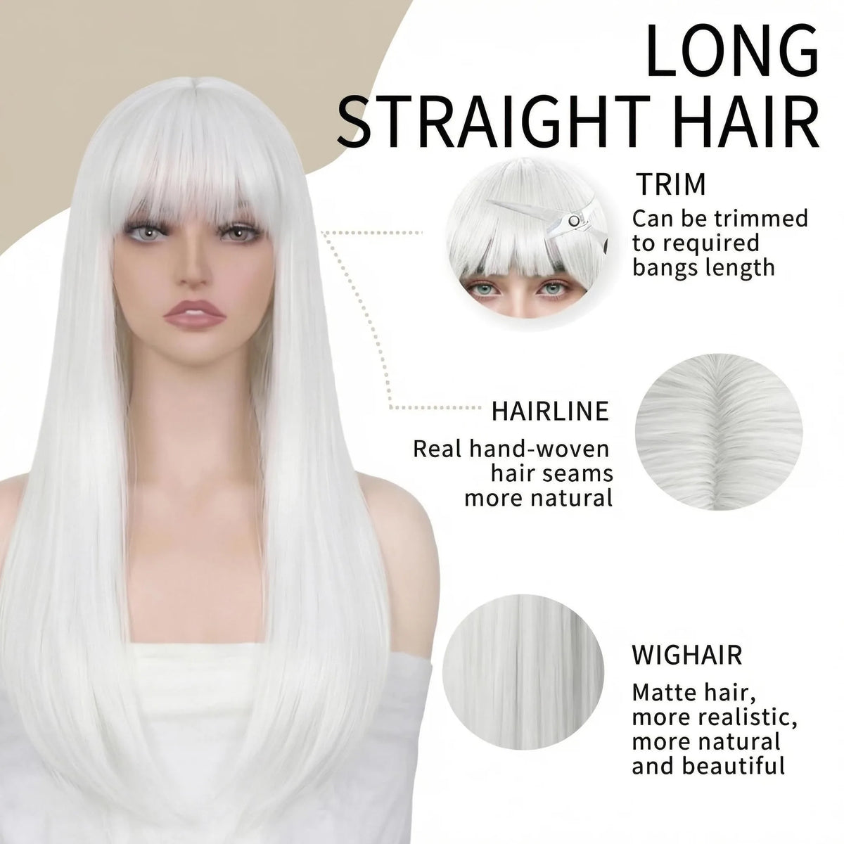 White Straight Synthetic Wig for Halloween Cosplay and Daily Wear, Heat Resistant