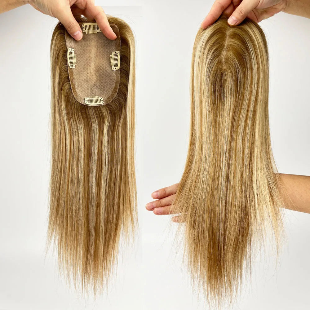 9x14cm 16inch Highlight Blonde Human Hair Cloure Silk Base Topper Clips in