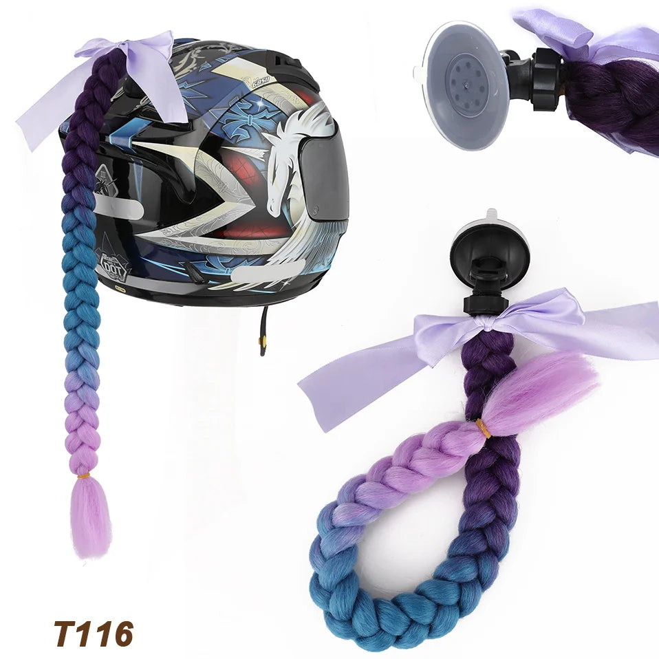 Synthetic Helmet Pigtails Gradient Ramp Braids Ponytail Hair Suction Cup Bowknot Motor